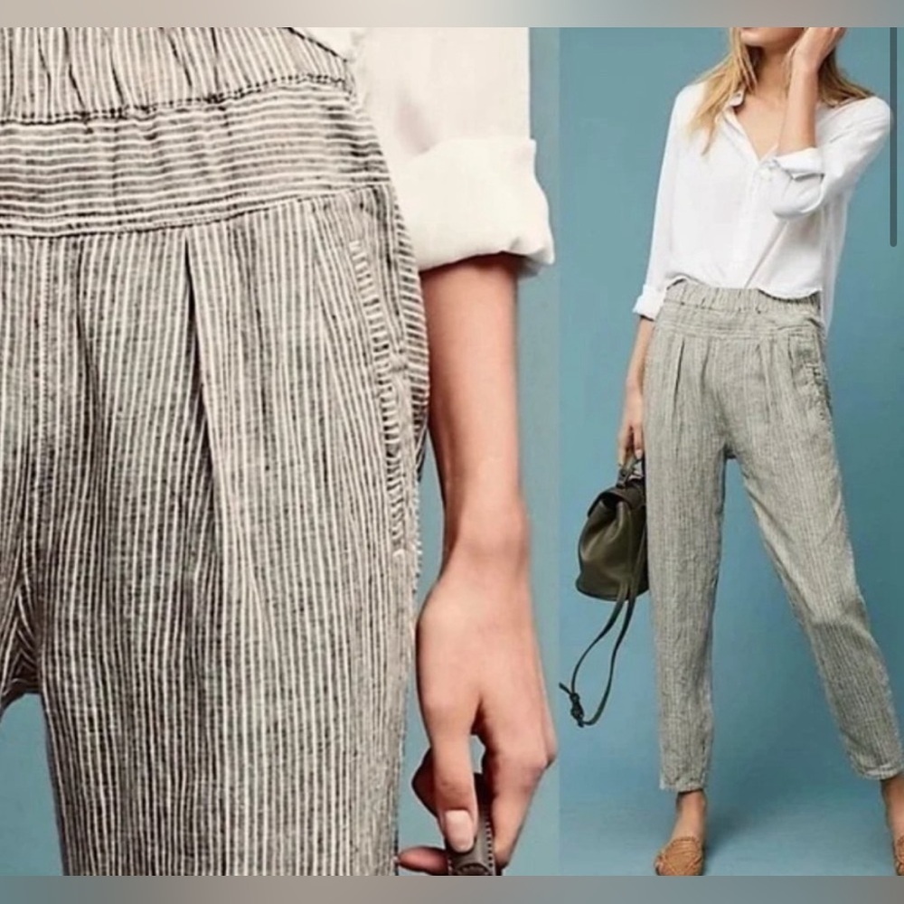 Hei Hei Anthropologie 100% Linen Green Stripe Pull On Pants Joggers Womens Sz XS